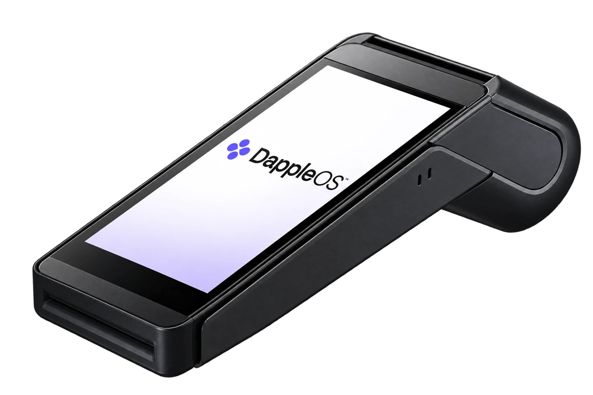 Tyro Pro Touch physical payment terminal, illustrated with a DappleOS welcome screen.