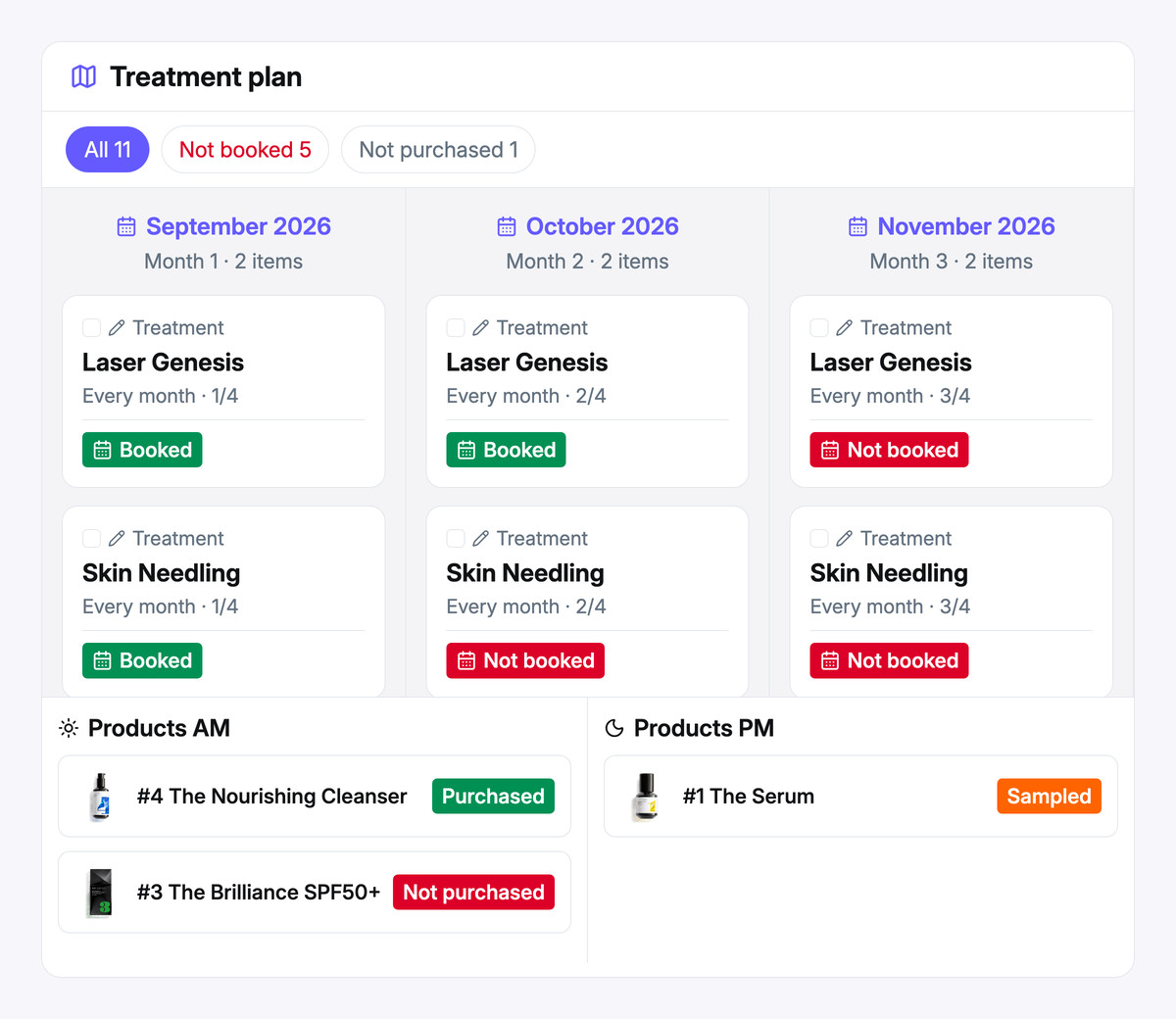 Treatment plan with monthly treatments and separate morning and evening skincare