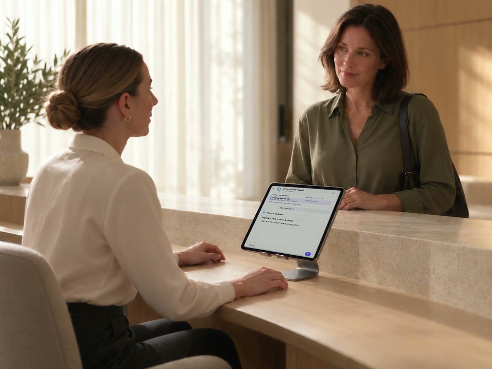 A receptionist confirms a patient’s arrival with a tap on an iPad. The visit changes to Arrived while the intake form remains outstanding.