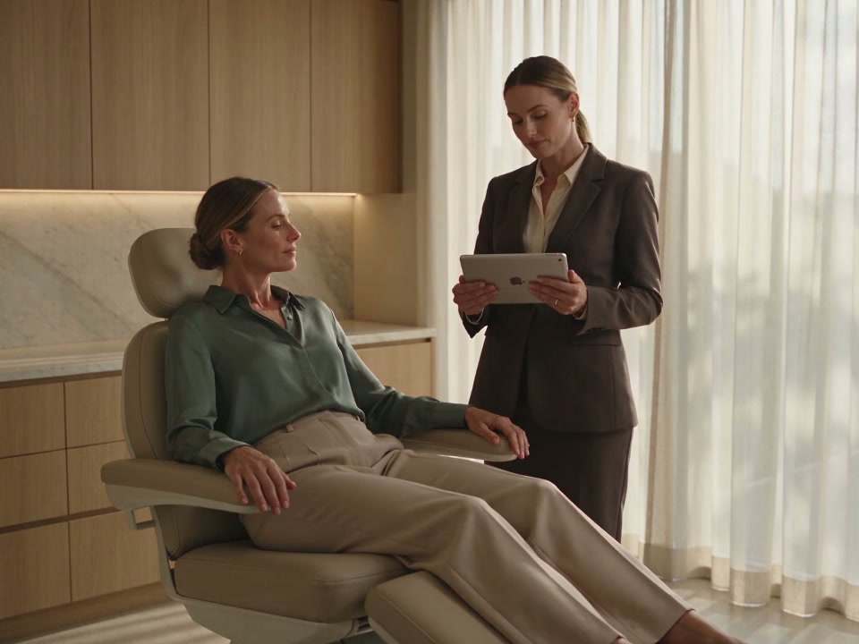 A practitioner discusses the visit with a patient seated in an elevated cosmetic treatment chair