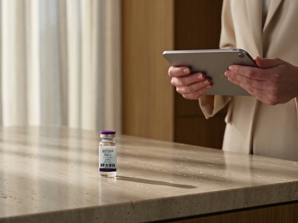 A practitioner holds an iPad near the same Botox 100U vial to scan its barcode