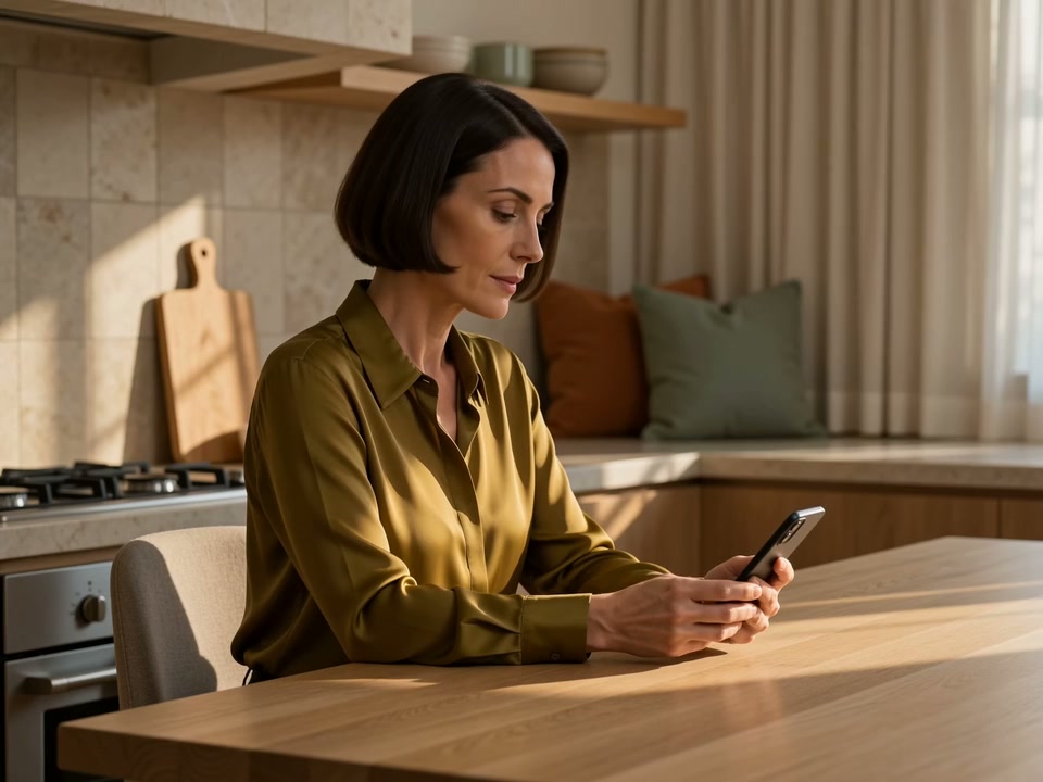 A patient checks and taps her phone at a table at home.