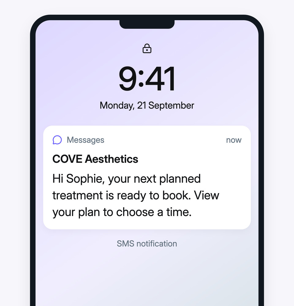 Example messages: a planned treatment SMS notification, a sample follow-up text and a skincare reorder email.