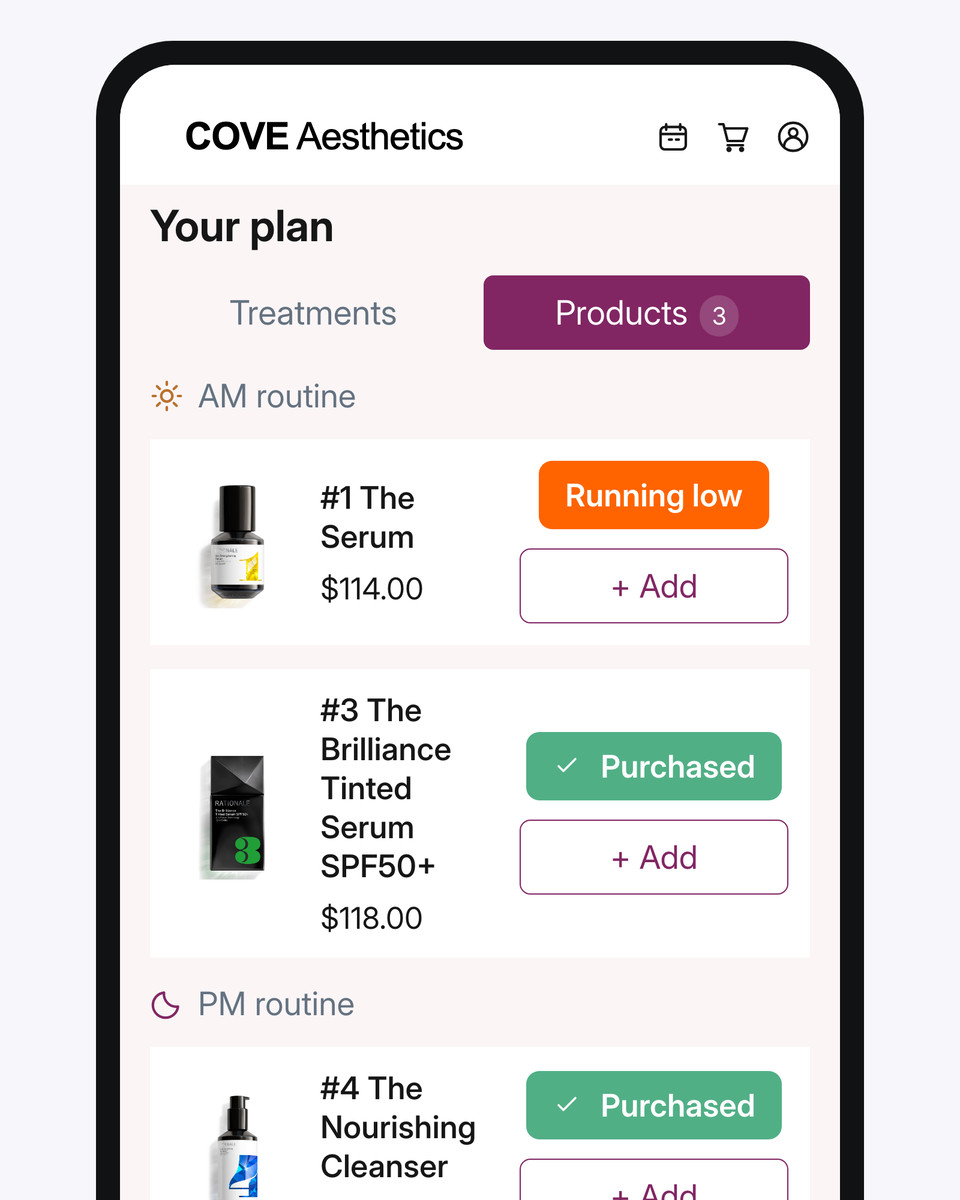 Ava Aesthetics demonstration app showing planned treatments and skincare products, followed by a cart addition.