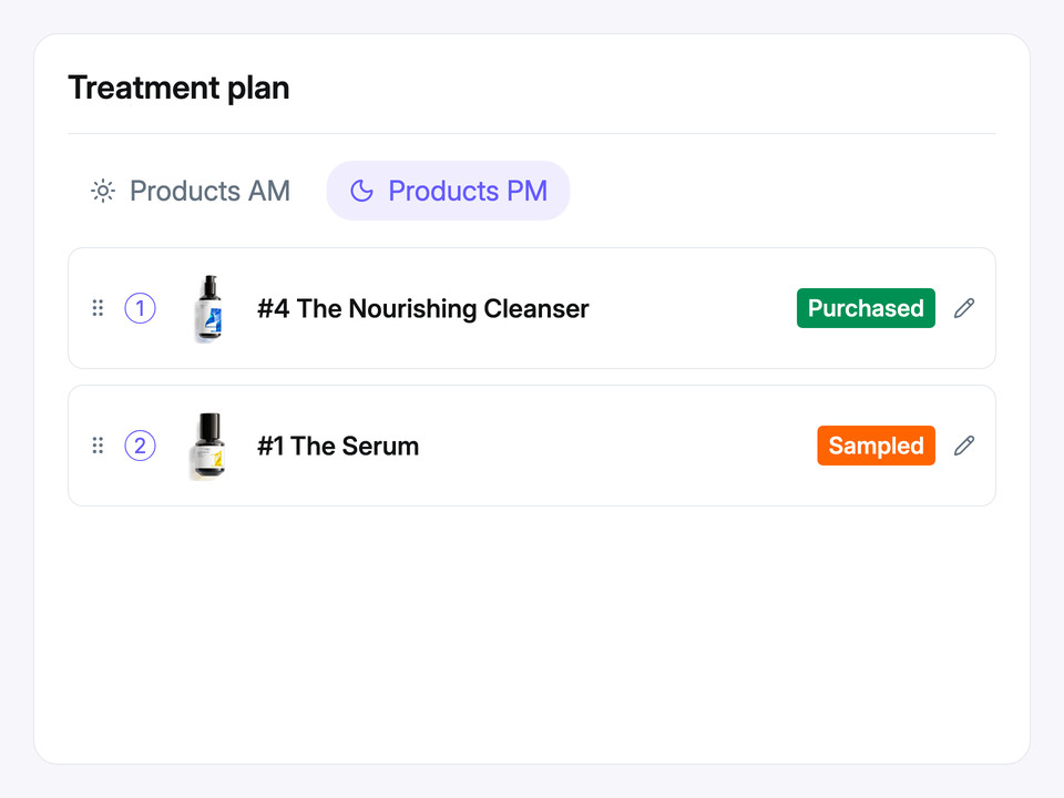 Ordered AM and PM skincare routines showing multiple products with Purchased, Sampled and Not purchased statuses.